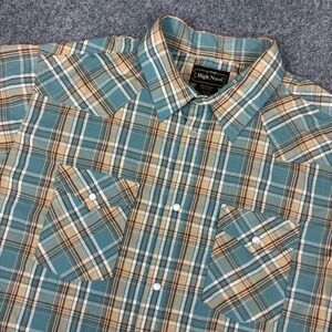 Vintage High Noon Mens Teal Plaid Short Sleeve Western Pearl Snap Shirt Large